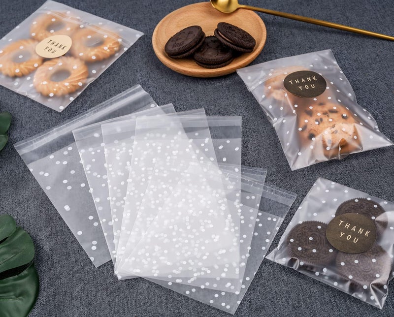 YunKo 200 Pack Self Sealing Clear Cookie Bags with Polka Dots & Thank You Stickers â€“ 4x4 Inch Resealable Treat Bags for Cookies, Candy, Chocolate, Bakery Goods, Party Favors - Image 4